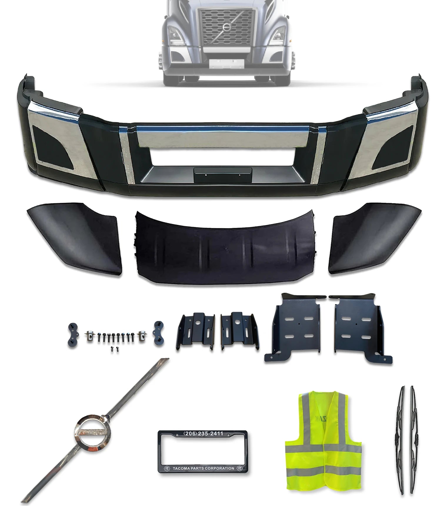 Bumper Set W/o Fog Holes Chrome Trim & Air Flow Deflector & Brackets 2018+ Volvo VNL VNR