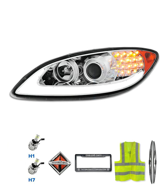 Headlight Chrome with LED Glow Bar Driver 2008-2016 International Prostar