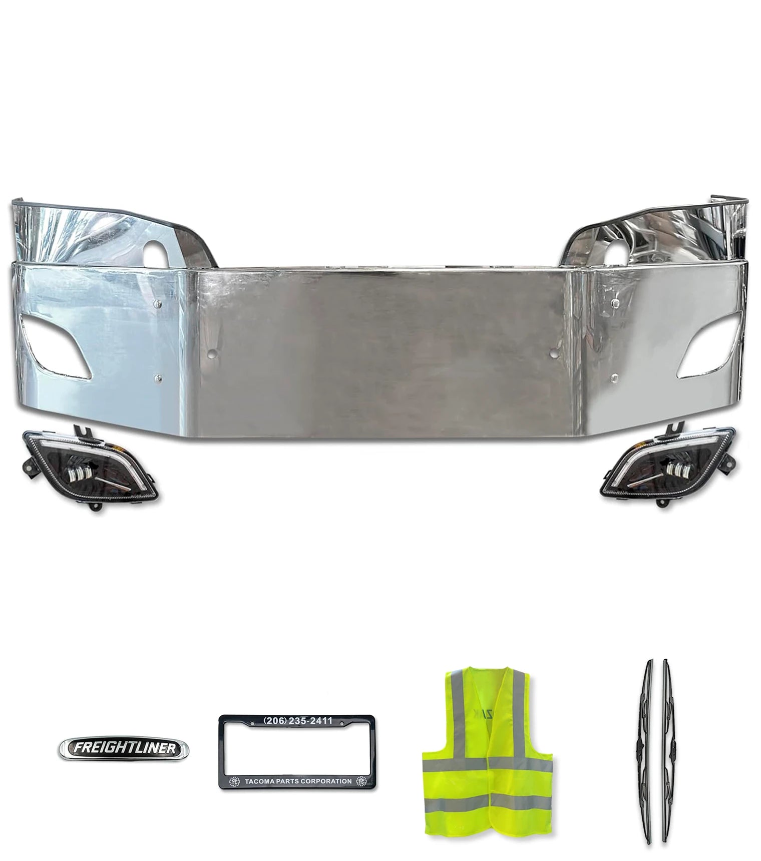 16" Bumper Steel w/Fog Lamp Hole + LED Fog Light Set Black 2018+ Freightliner Cascadia