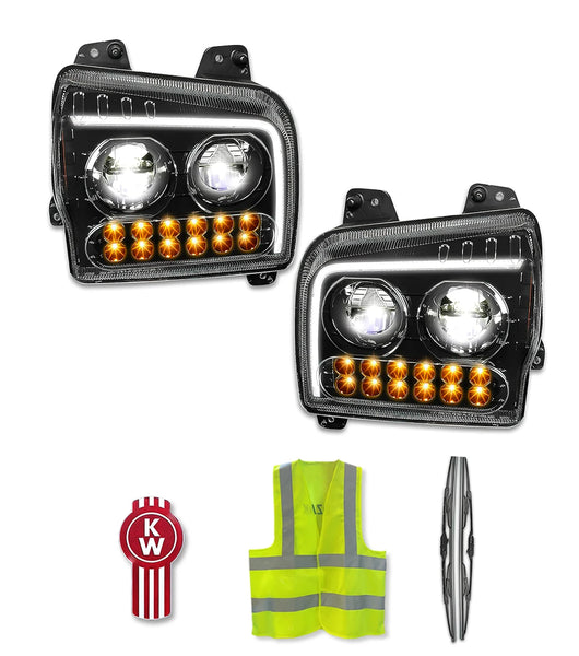 Headlights Black LED DRL Sequential Turn Signal Set 2019-2022 Kenworth W990