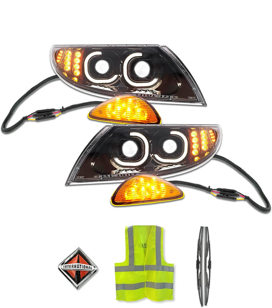 Headlights Full Led DRL Black with Side Marker Set International 4300