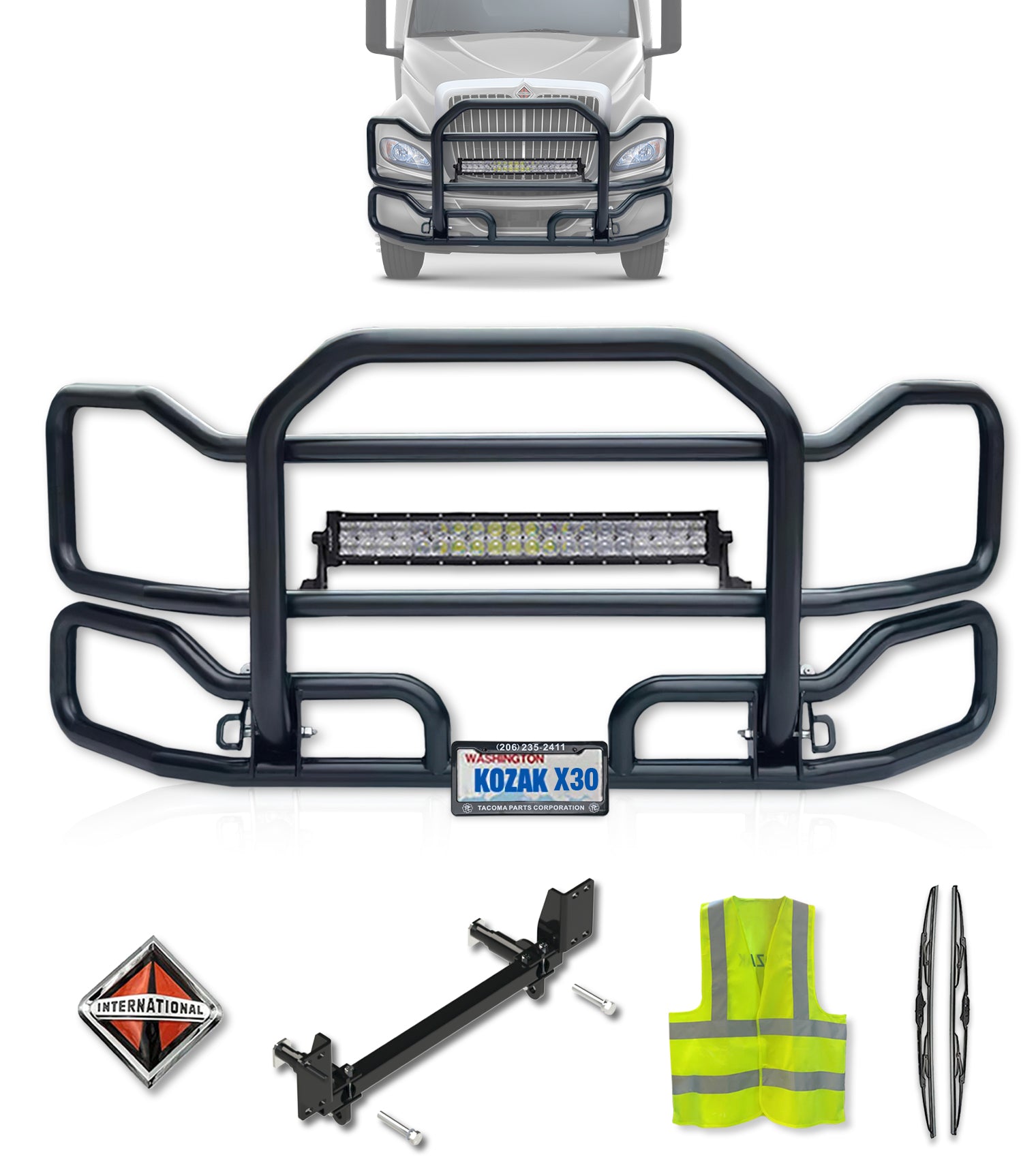 Front Grille Guard Large Black International RH (plastic bumper)