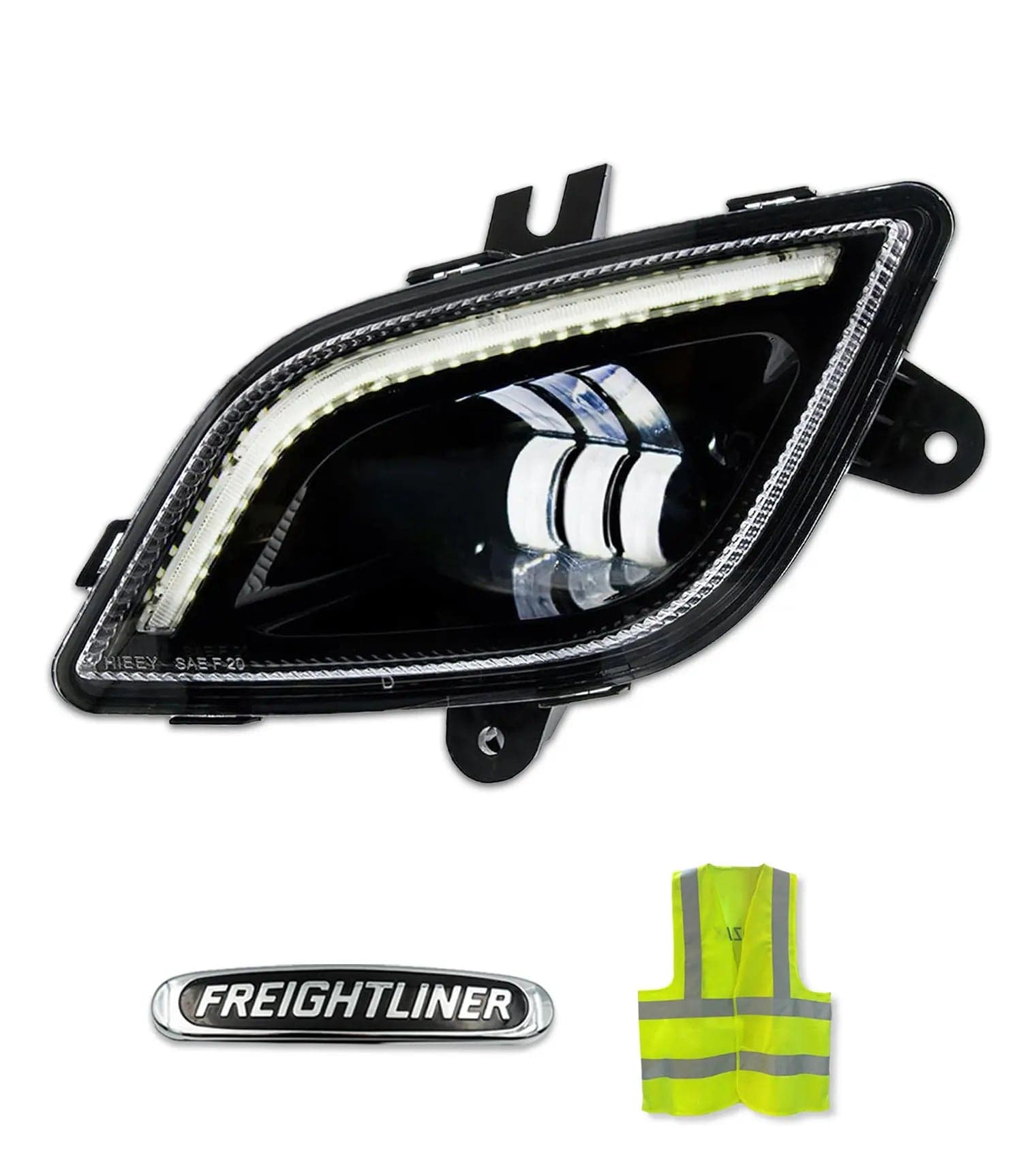 LED Fog Light Set with Halo Ring DLR Black Housing Left Freightliner Cascadia 2018+ -