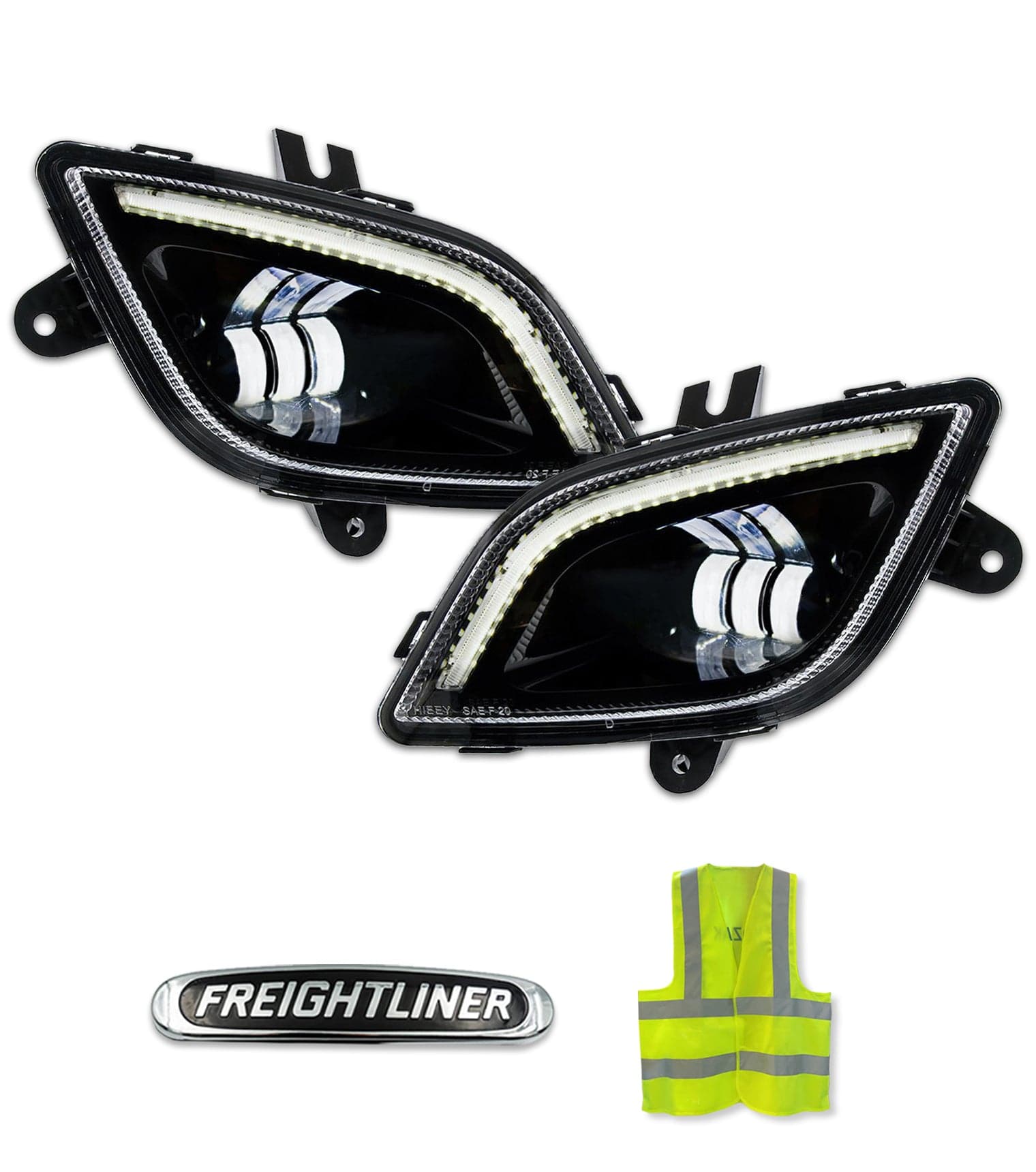 LED Fog Light Set with Halo Ring DLR Black Housing Freightliner Cascadia 2018+ -