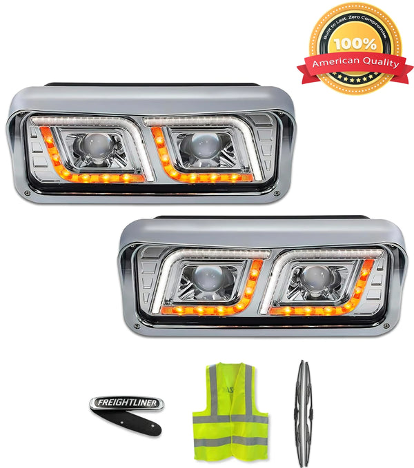 Headlights LED DRL Dual Chrome Set Freightliner Classic