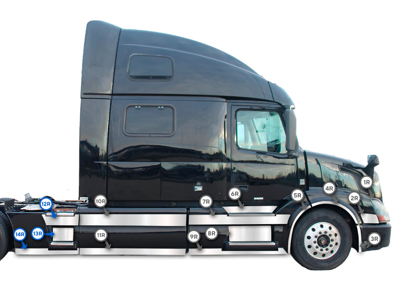 Stripes Chrome Trim Set for Rear Step Fairing Panel 33" (85 cm) Passenger Side (12R, 13R, 14R)  2004-2017 Volvo VNL