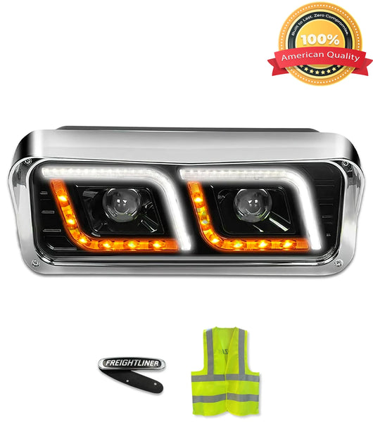 Headlight LED DRL Dual Black Passenger Freightliner Classic