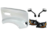 Fiberglass Long Hood Modified Style w/LED Black Headlights & Chrome Mirrors Set 2014-2022 Peterbilt 579