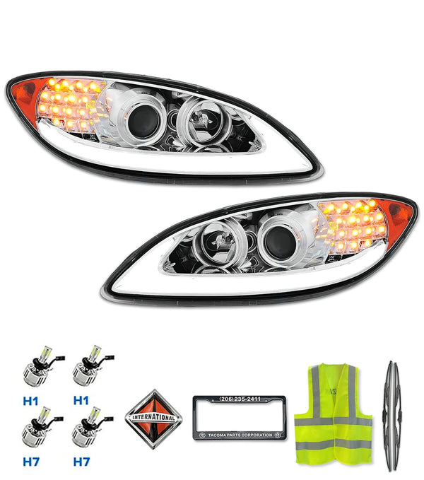 Headlights Chrome with LED Glow Bar Set 2008-2016 International Prostar