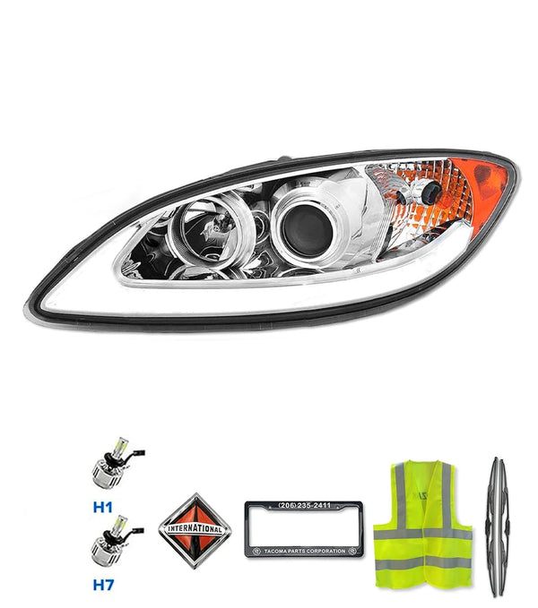 Headlight Chrome with LED Glow Bar Driver 2008-2016 International Prostar
