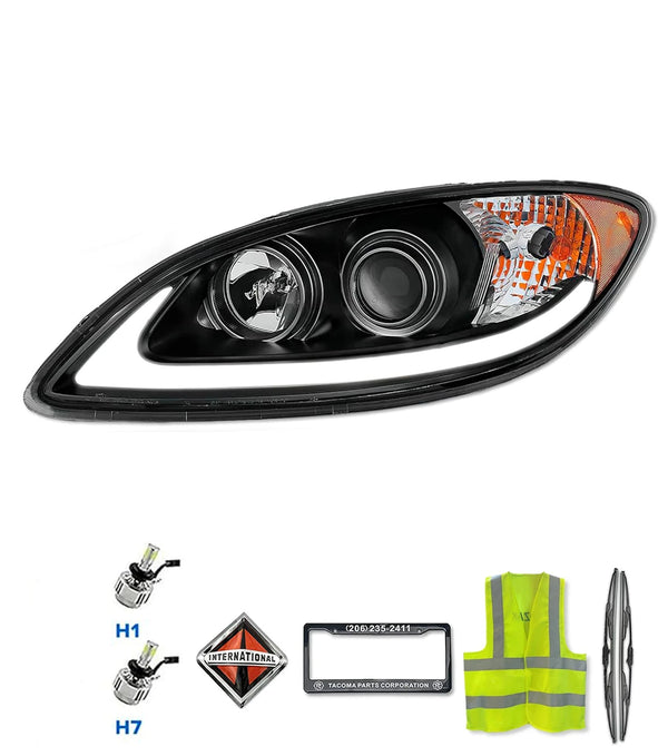Headlight Black with LED Glow Bar Driver 2008-2016 International Prostar
