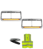 Headlights Bezels Chrome with 12" Amber LED Light Strip Bar Freightliner FLD Classic XL