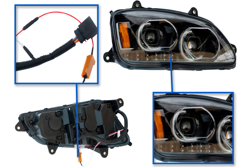Headlight LED Black with Turn Signal Dual Passenger 2008-2018 Kenworth T660 T370