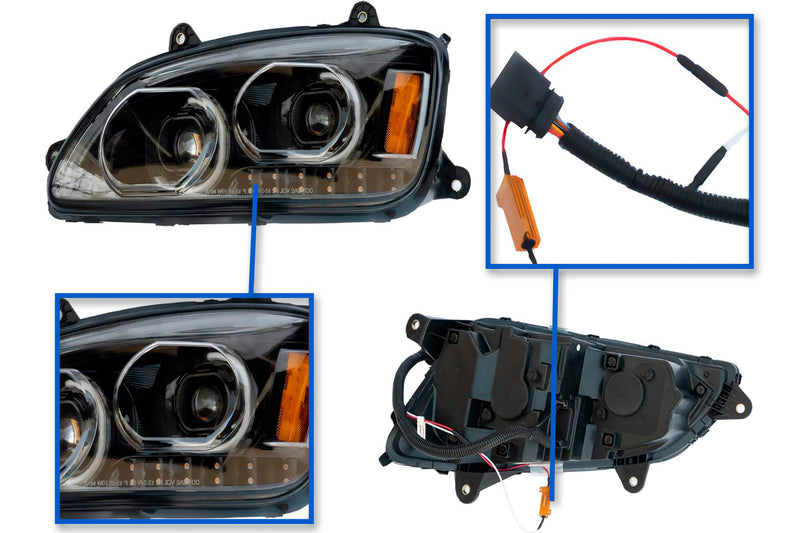Headlight LED Black with Turn Signal Dual Driver 2008-2018 Kenworth T660 T370