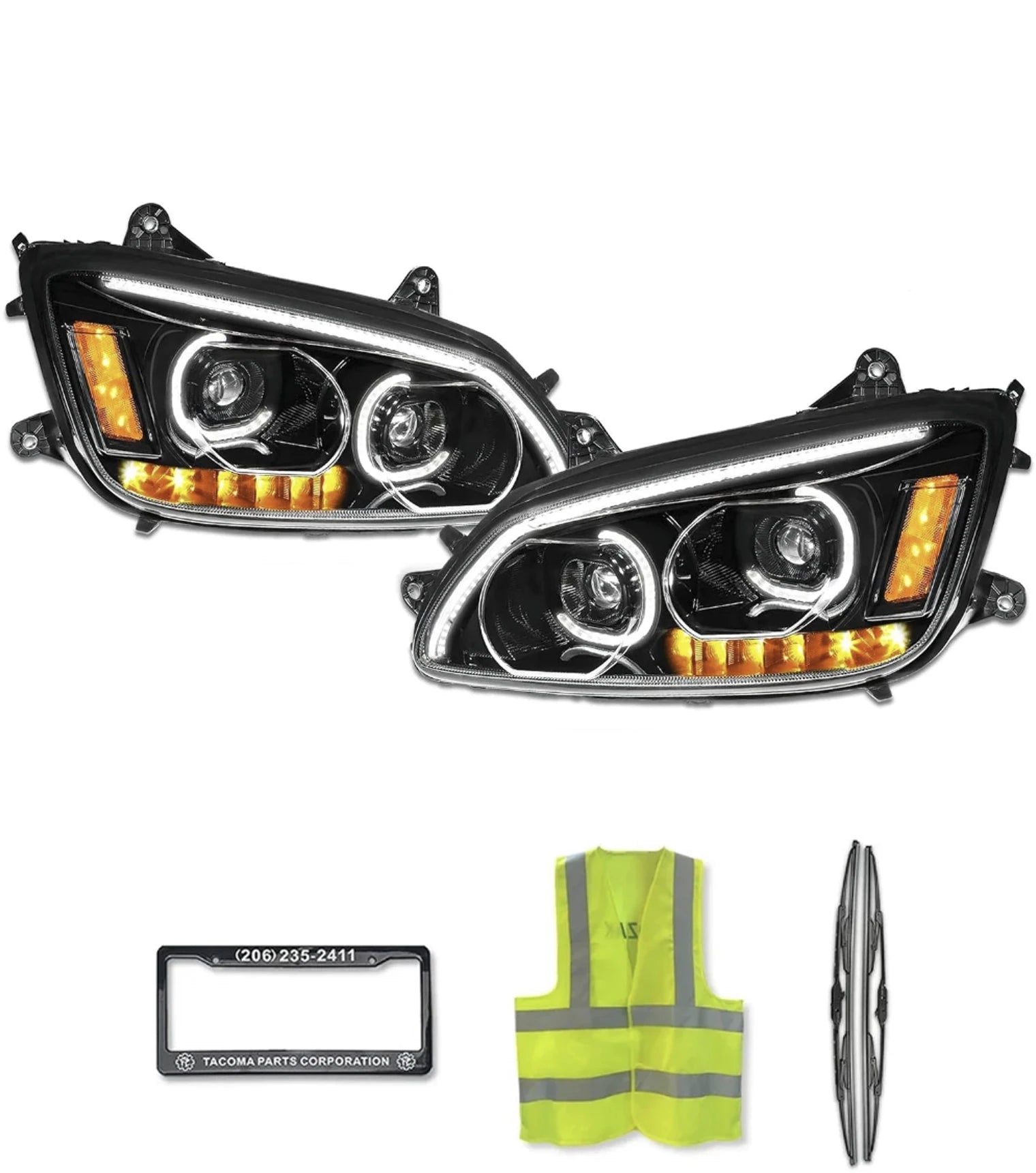 Headlights LED Black with Turn Signal Dual Set 2008-2018 Kenworth