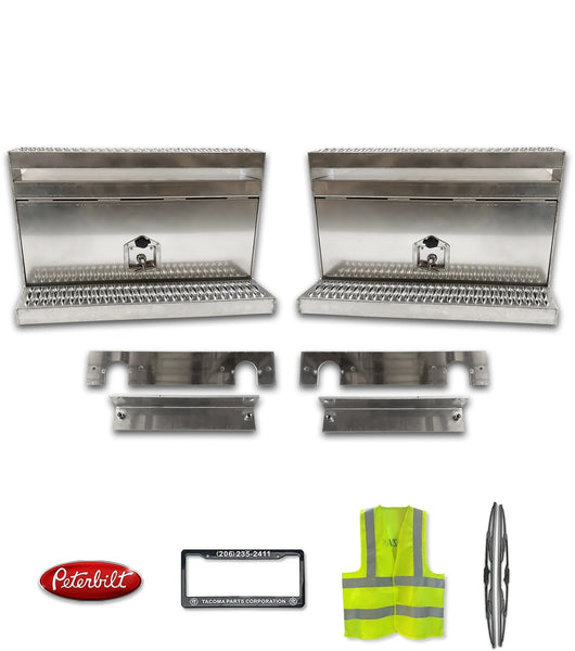 Aluminum Tool Boxes Step 2 pcs with Brackets Set Peterbilt 377 385