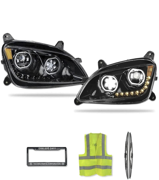 EVERESTHD LED Black Dual Projector Headlight Assembly For Peterbilt 579 587 (2011-2021) – DOT-Certified, Pair