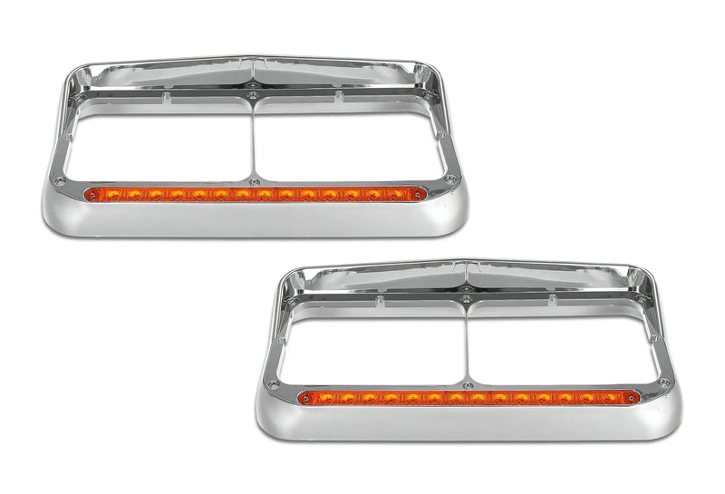 Headlights Bezels Chrome with 12" Amber/Yellow LED Light Strip Bar 2 Pcs For Freightliner FLD Classic XL - 