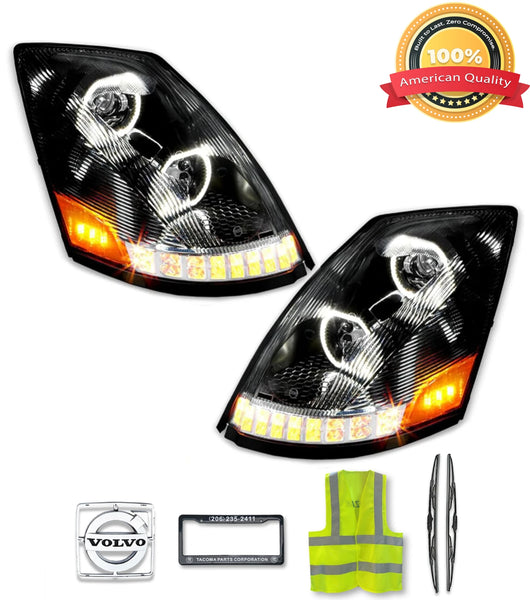 Headlights Full LED Black Set 2004-2017 Volvo VNL VNX VT