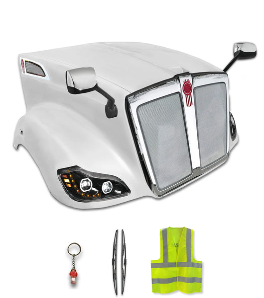 Fiberglass Hood w/ Grille w/Bug Screen, Air Intakes, LED Headlights, Mirrors – Set 2013-2021 Kenworth T680