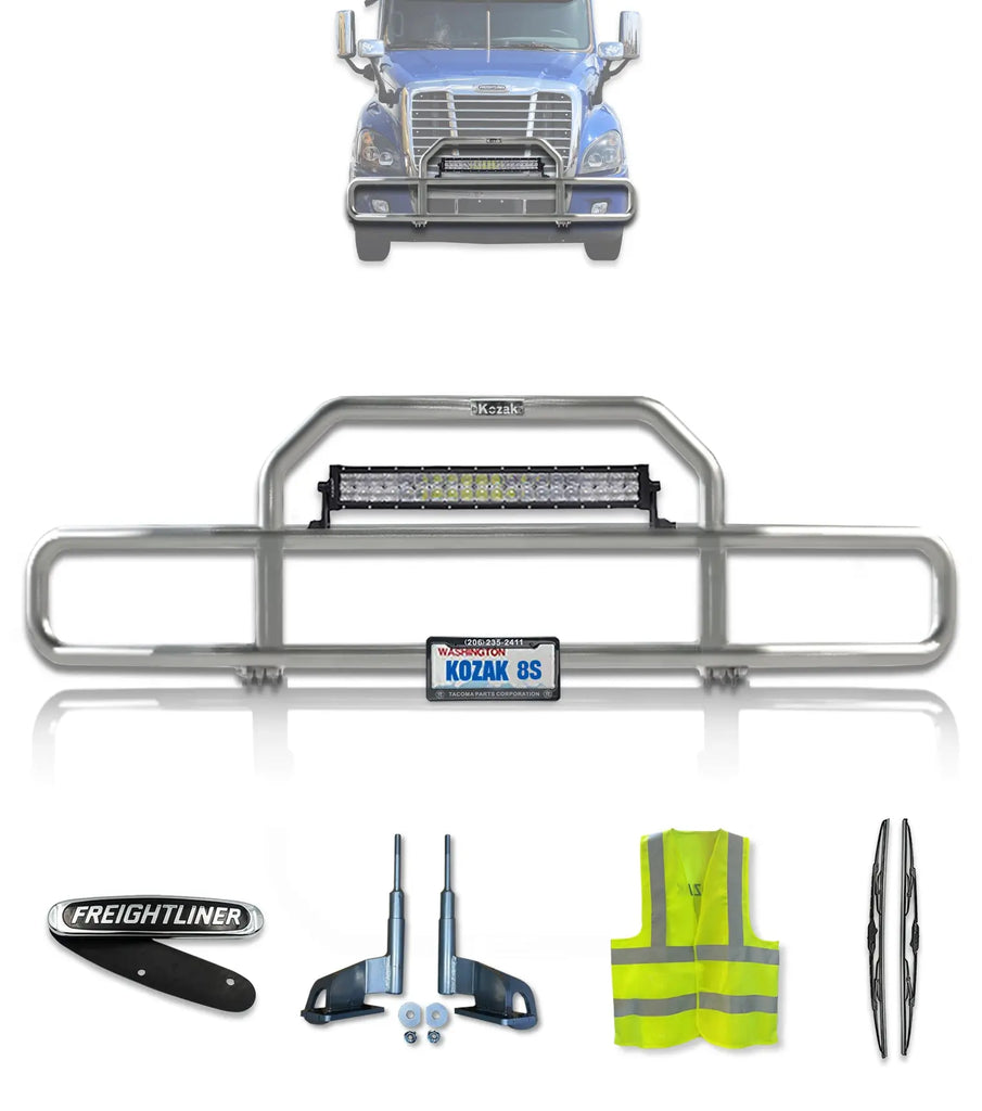 Kozak Chrome Front Grille Guard with Lights for Freightliner Cascadia