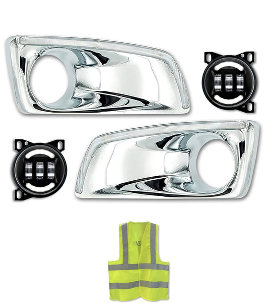 Fog Light Bezels Chrome w/ Built-in Light Strip & Black Full LED Fog Lights Set Kenworth T660