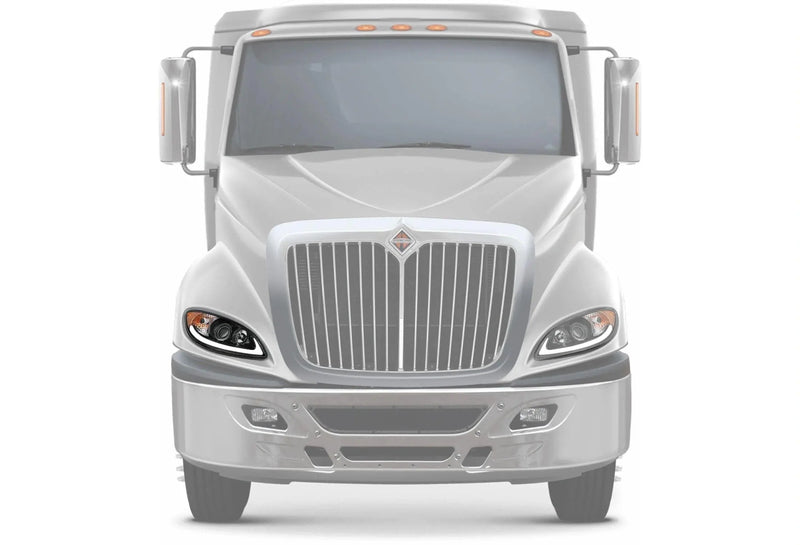 KOZAK Replacement Black Projector Headlight with Glow LED bar (Passenger Right Side) For International ProStar 2008-2016 PLUS Logo, Wipers, 2x H1, 2x H7 LED Bulbs, Frame License Plate and Vest