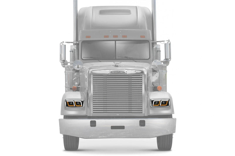 KOZAK LED DRL DUAL Black Projector Headlights Set Pair (Driver Left & Passenger Right Side) for FREIGHTLINER CLASSIC PLUS Logo, Windshield Wipers and Vest