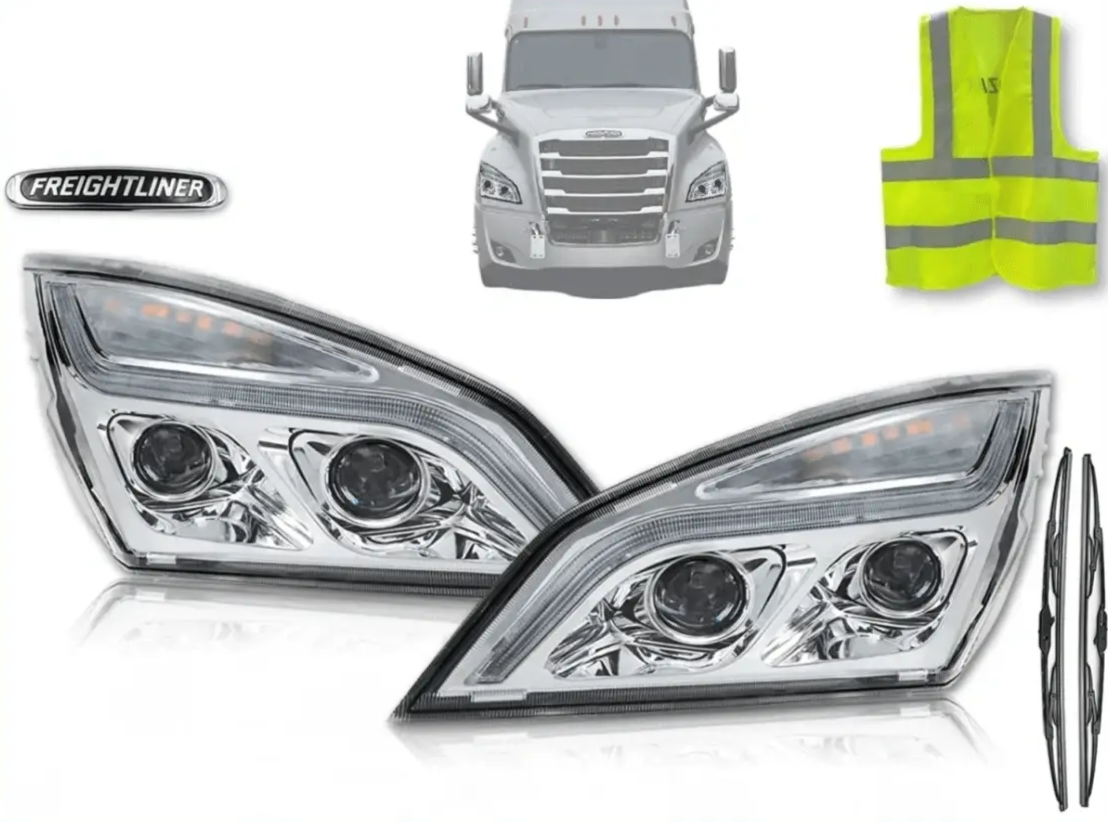 Chrome Projection LED Headlights Pair Set for Freightliner Cascadia 2018+ - Tacoma Parts Corporation