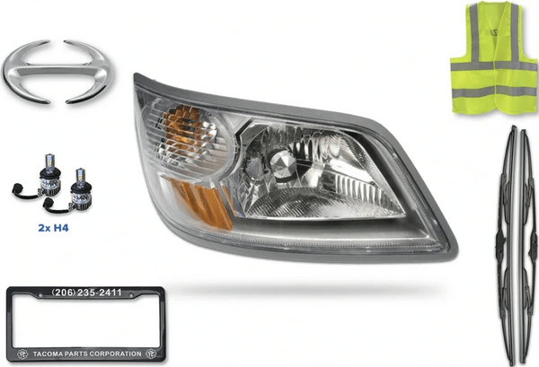 KOZAK Hino Replacement Chrome Housing Headlight Assembly fits Hino 145 165 185 238 258 268 338 (Right Passenger Side) PLUS 2x LED 4H Bulbs, Logo, Wipers, License Plate Frame and Vest