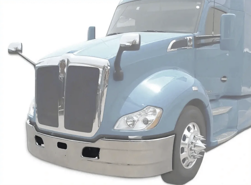 KOZAK 17" Aero Style Chrome Bumper WITH RADAR CUTOUT for Kenworth T680 2013-2021 Semi Trucks PLUS Logo, Wipers, License Plate Frame, 2x Trailer Tail Lights and Vest