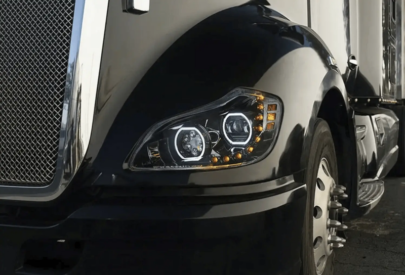 KOZAK Black Housing Full LED Headlight Assembly (Driver Left Side) for Kenworth T680 2013-2021 PLUS Logo, 2x22 Windshield Wipers, License Plate Frame and Vest