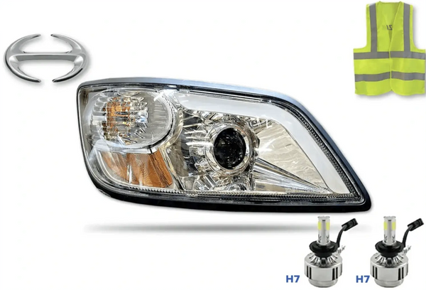 KOZAK Headlight Optical Chrome With Led (Passenger Right Side) for Hino 2006-2019 338, Hino 2006-2010 145 165 185 PLUS Logo, Reflective Vest and 2x 7H Bulbs