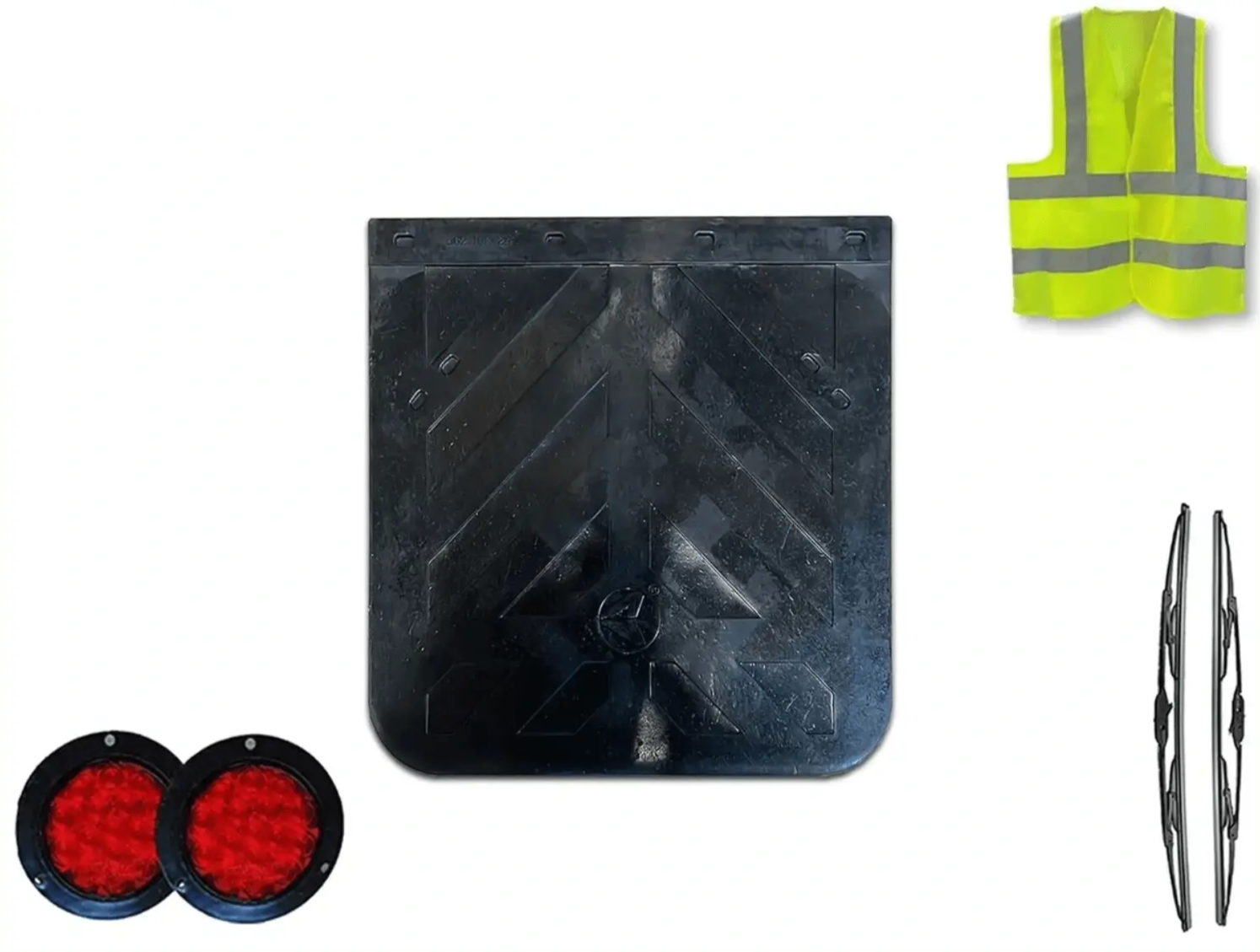 KOZAK Black Rubber Mud Flap Plus 2X 22 inch Windshield Wipers, 2X Trailer Tail Lights and KOZAK Vest