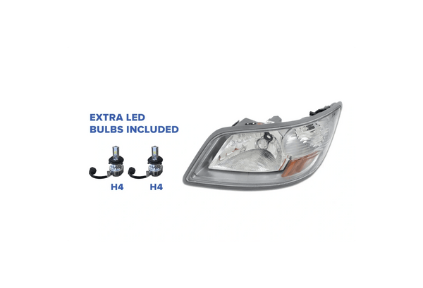 KOZAK Hino Replacement Chrome Housing Headlight Assembly fits Hino 145 165 185 238 258 268 338 (Left Driver Side) PLUS 2x LED 4H Bulbs, Logo, Wipers, License Plate Frame and Vest