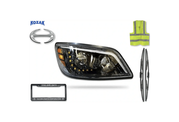 KOZAK LED Headlight 12V Black Passenger Right Side For Hino 2014-2016 PLUS Logo, 2x22 Windshield Wipers, License Plate Frame Reflective Vest