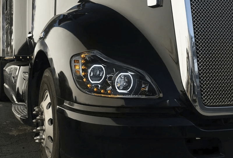 KOZAK Black Housing Full LED Headlight Assembly (Passenger Right Side) for Kenworth T680 2013-2021 PLUS Logo, 2x22 Windshield Wipers, License Plate Frame and Vest