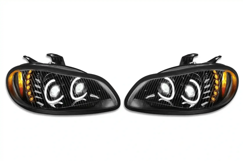 KOZAK LED Halos+Turn Signal Projector Headlight Lamps 12V Driver and Passenger (Right and Left Side) For Freightliner M2 2002-2018 PLUS Logo, 2x 22" Wipers, Vest