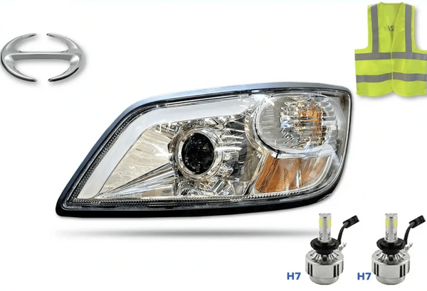 KOZAK Headlight Optical Chrome With Led (Driver Left Side) for Hino 2006-2019 338, Hino 2006-2010 145 165 185 PLUS Logo, Reflective Vest and 2x 7H Bulbs