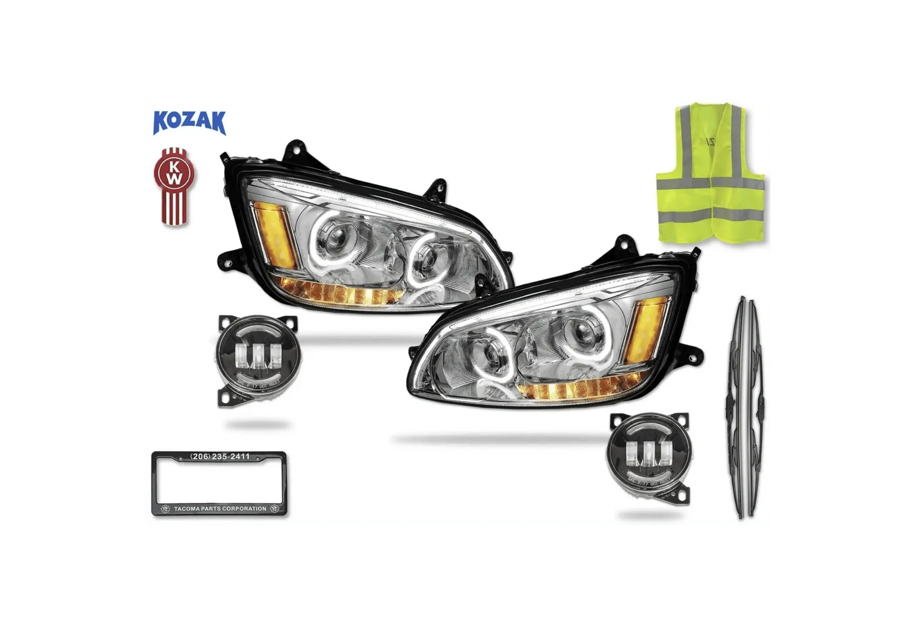 KOZAK Chrome Housing LED Headlights Assembly Pair (Turn Signal Dual Projector Lamp) + Black Housing LED Fogs (Right and Left Side) Pair for Kenworth T660 + Logo, Wipers, Frame License Plate, Vest