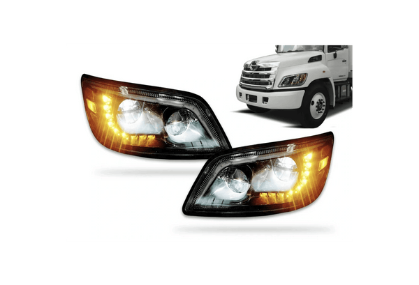 KOZAK LED Headlight 12V Black Driver and Passenger (Right and Left Side) For Hino 2014-2016 PLUS Logo, 2x22 Windshield Wipers, License Plate Frame Reflective Vest