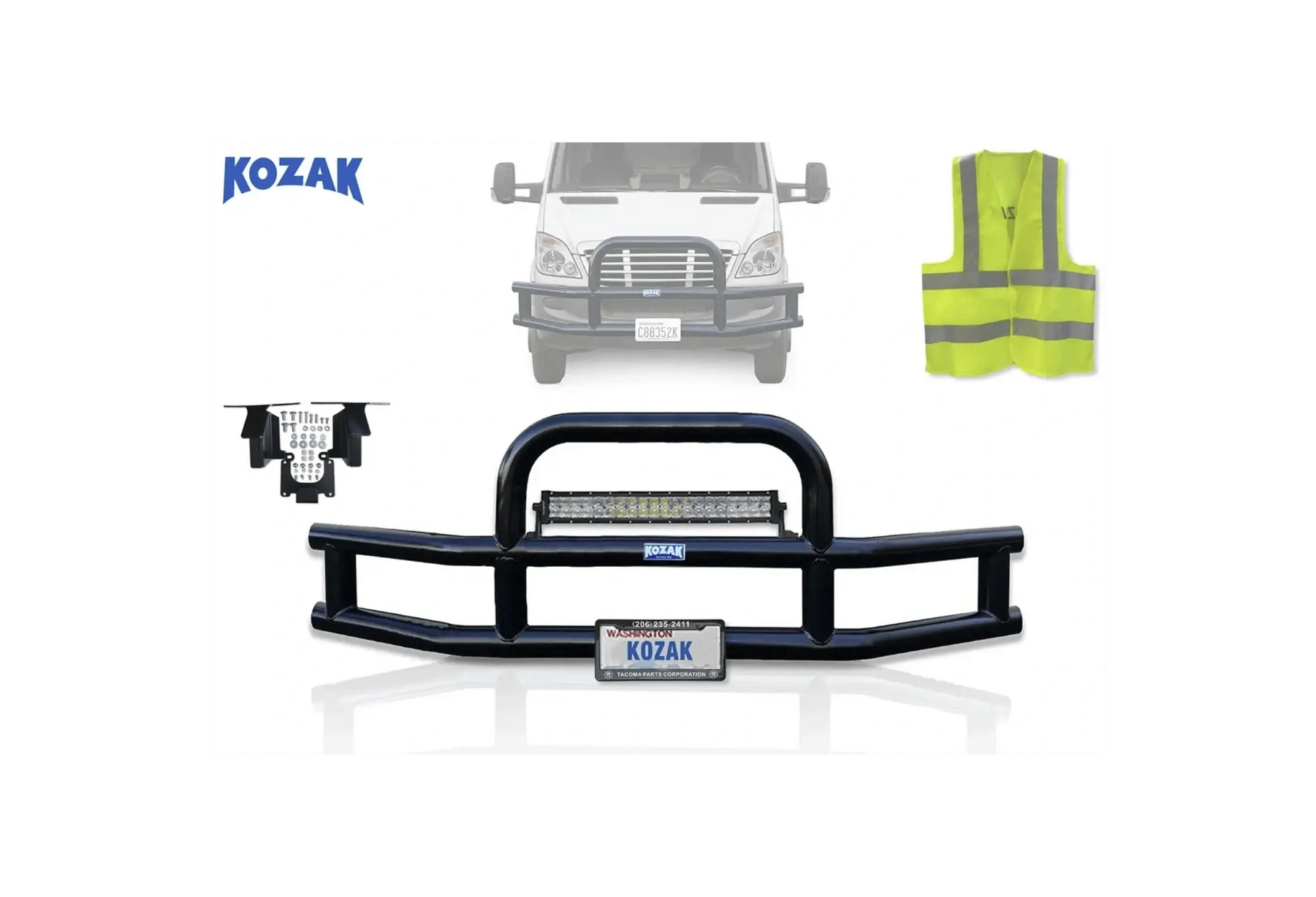 KOZAK 3-Inch Heavy Duty Round Bumper Grille Guard Compatible with Freightliner Sprinter Vans 2014-2017 PLUS your choice of LED lights, Mounting Brackets, License Plate Holder and Frame, KOZAK Vest
